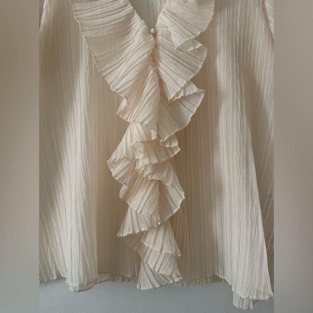 Zara Cream Pleated Ruffle V-Neck Blouse - Picture 7 of 8